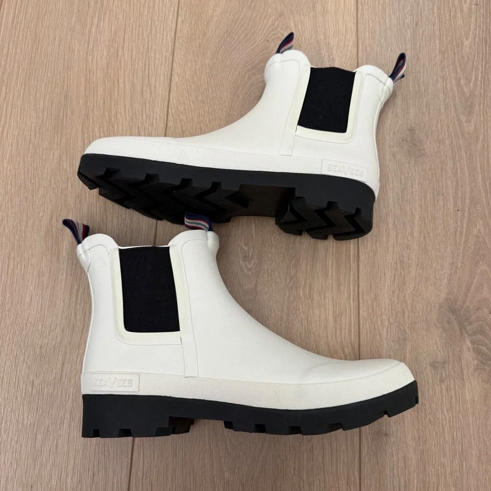 SeaVees Bolinas Off Shore Boot White Salt Rubber Rain Boots Womens 9 Chelsea Lug